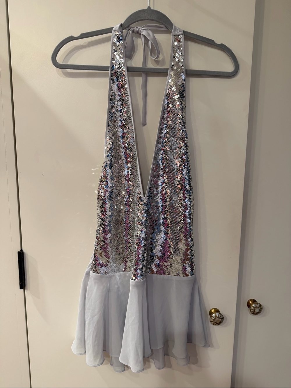 Victoria’s Secret Silver Sequin Halter Dress with Light Gray Chiffon Skirt Small